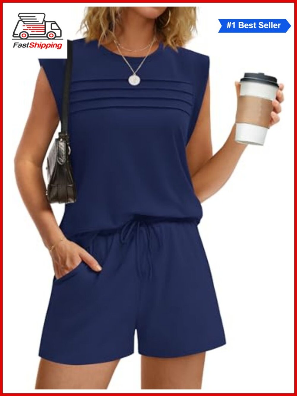 ✨Sleeveless Top & Shorts Two Piece Set Ruched Drawstring Pockets Summer